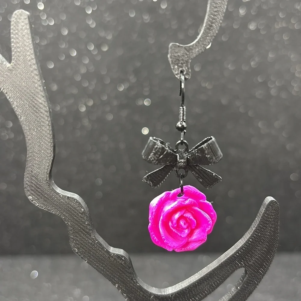 Pink Rose and Black Bow Earrings